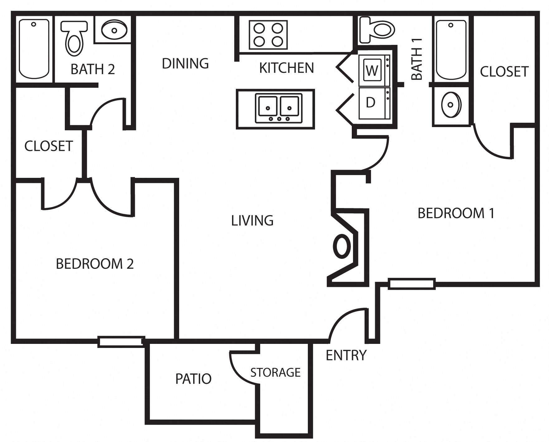Floor plan for 2 beds, 2 baths, 989 sqft